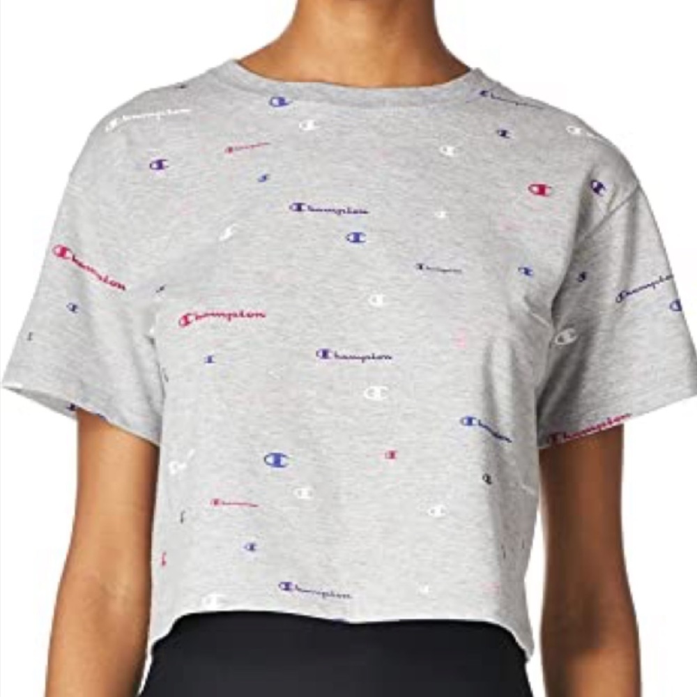 Champion Women's The Cropped Tee Multi Scattered Logos Oxford Gray Heather Small